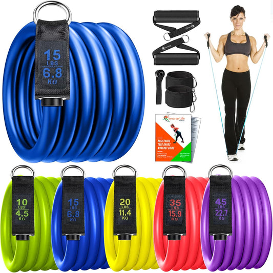 SmarterLife Resistance Bands Set with Handles – 5 Bands, Ankle Straps & Door Anchor