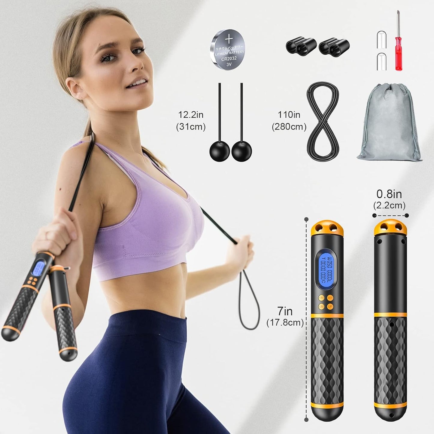Smart Jump Rope Digital Counting Skipping Rope with Adjustable Cord and Cordless Mode