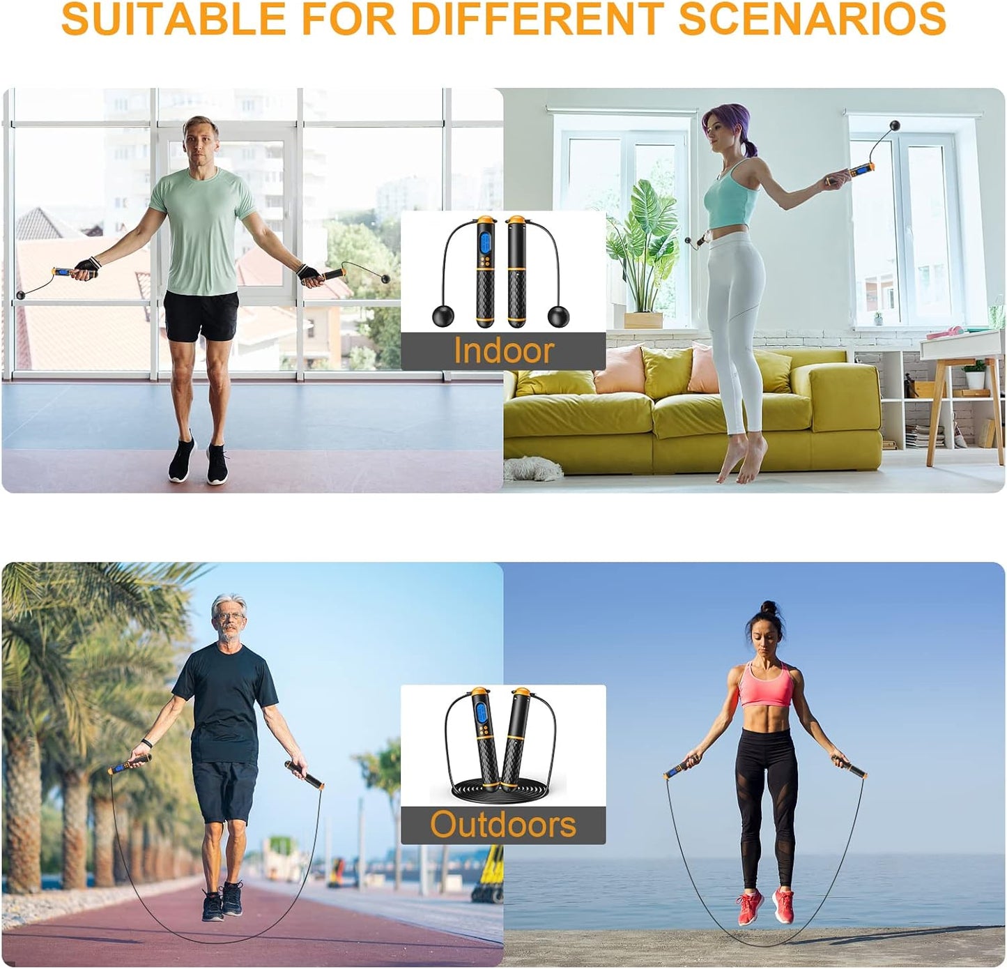 Smart Jump Rope Digital Counting Skipping Rope with Adjustable Cord and Cordless Mode