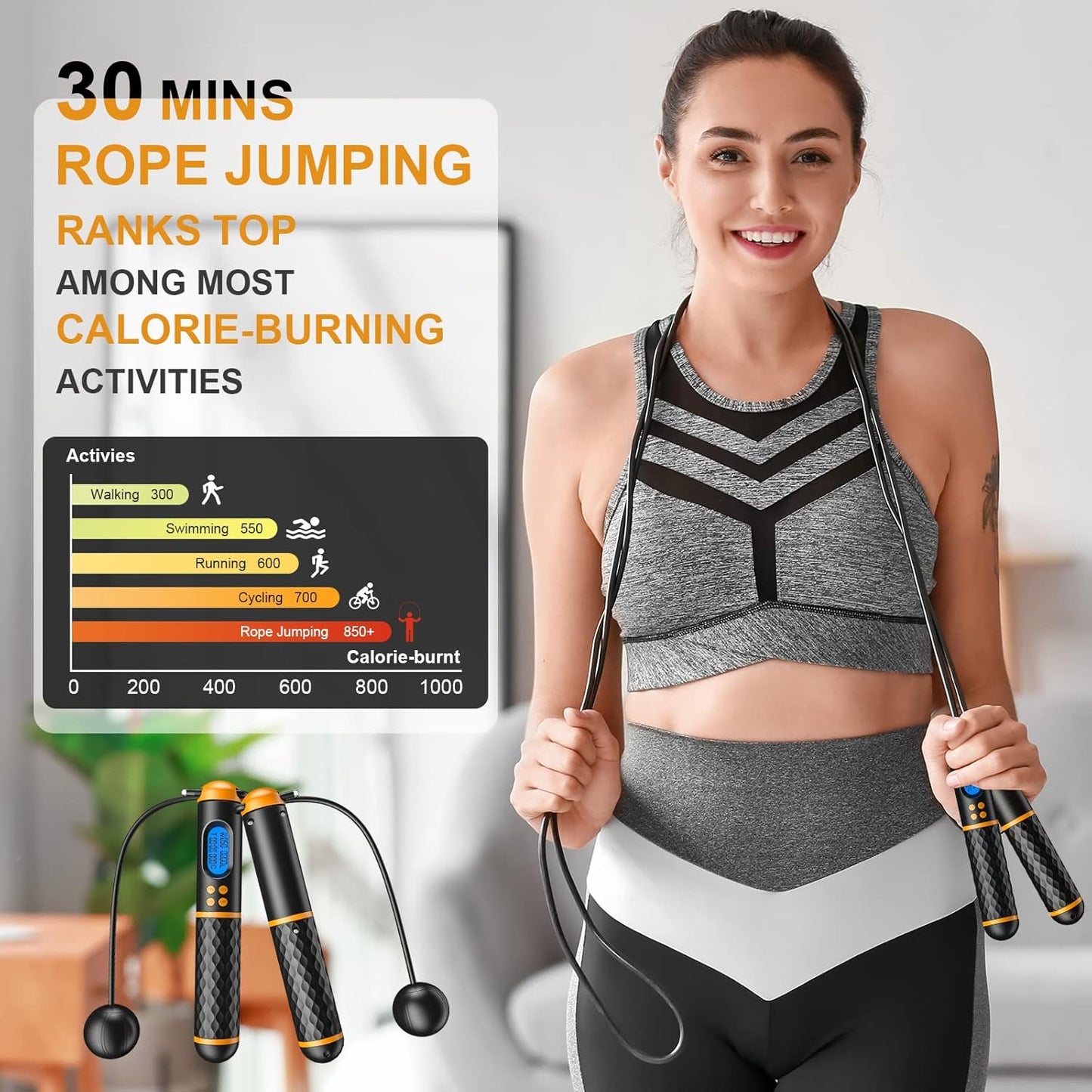 Smart Jump Rope Digital Counting Skipping Rope with Adjustable Cord and Cordless Mode