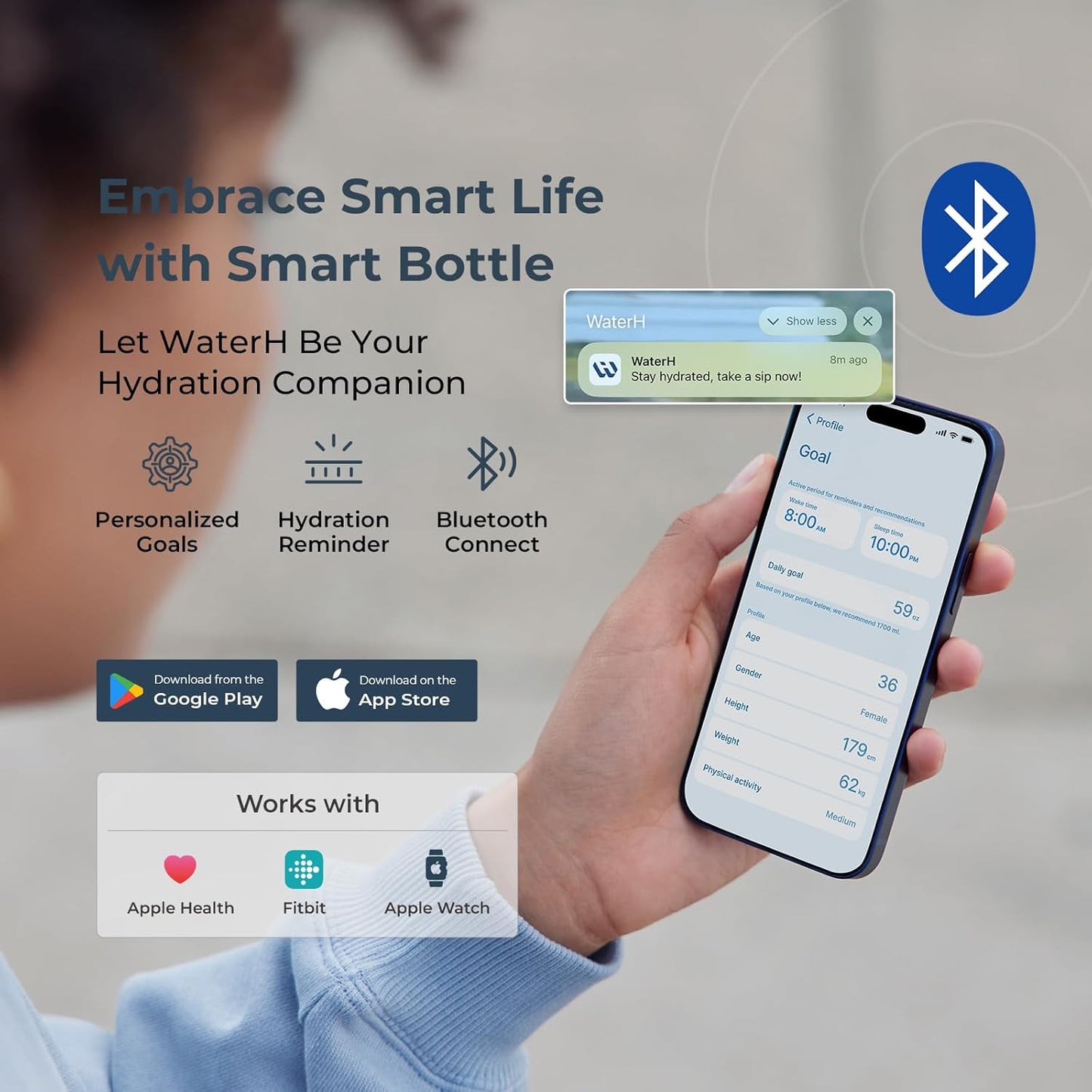 Boost Lite Smart Water Bottle with Hydration Reminder 32 oz BPA Free Blue