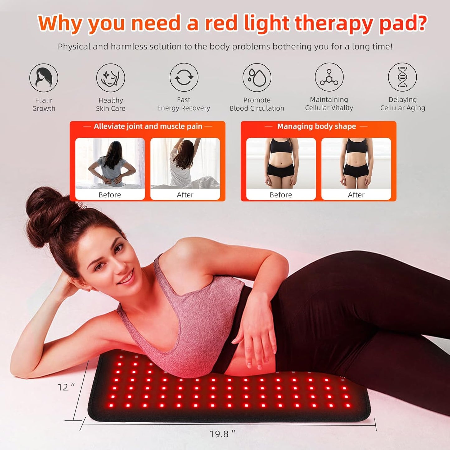 Red Infrared Light Therapy Pad Large 19.8 x 12 Heating Wrap for Full Body Relief